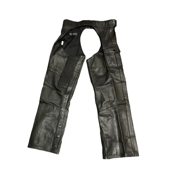 Vintage Mesh Lined Harley Davidson Leather Chaps Mens Cargo Pockets Black Medium